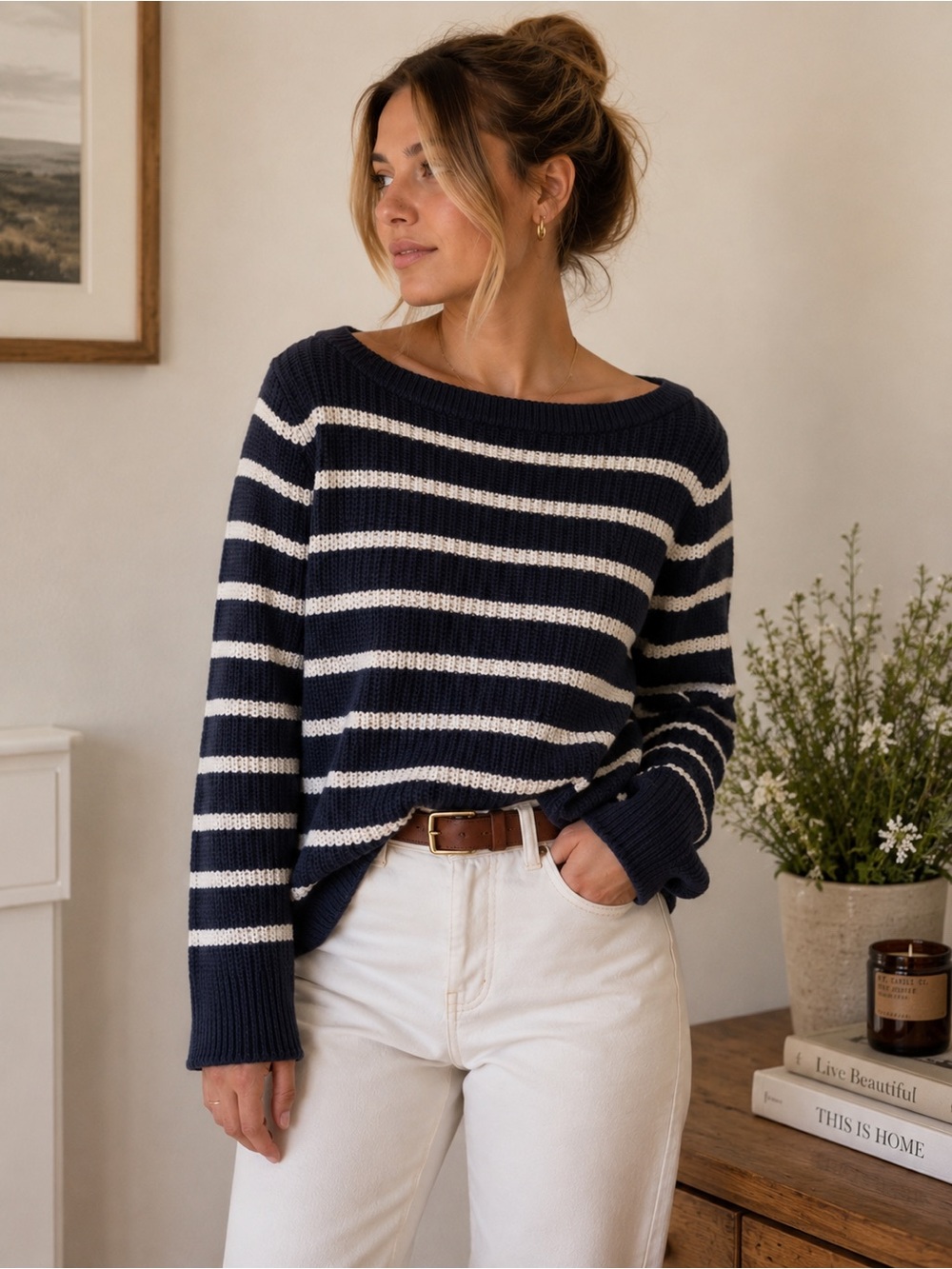 Lands' End Navy and Cream Striped Crewneck Sweater